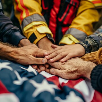 Close-up of a group of volunteers' hands holding a banner thanking first responders for their efforts. Job ID: c67b26c7-d0c0-4bf7-a876-1b9faa32eb1d