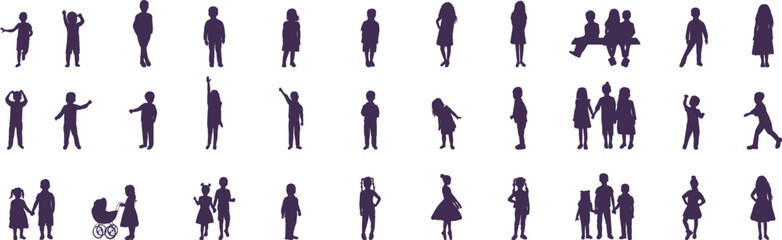 set of children, boys and girls silhouette vector
