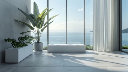 Minimalist poster mockup with white chest of drawers and window on white wall background   3d render