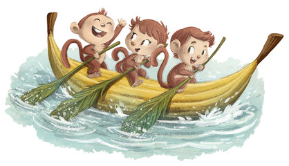 Monkeys rowing a banana shaped boat