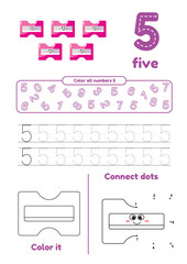 Educational worksheet with color school supplies, dot to dot, trace for kids. Learn number 5