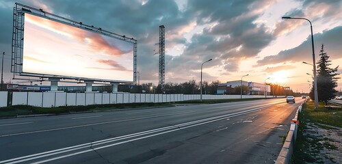 Commercial road car dealership featuring an ultra-wide rectangular blank billboard.