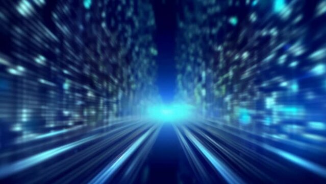 未来的な雰囲気を持つ鮮やかなデジタル都市景観。動きのブレ効果がスピードと進歩を感じさせる。照明された建物と光の軌跡がハイテクな雰囲気を高め、サイバーパンクの美学を想起させる。
