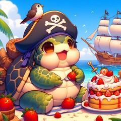 Naklejka premium Animation of pirate duck eating strawberry cake near pirate ship.