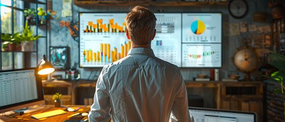 Public relations officer checking media feedback, office with charts and reports,
