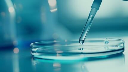 Macro shot of pipette releasing clear liquid into a shallow glass dish in a lab