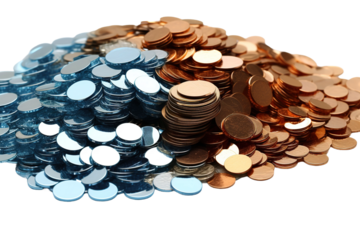 Towering Wealth: A Cascade of Golden Coins on White or PNG Transparent Background.