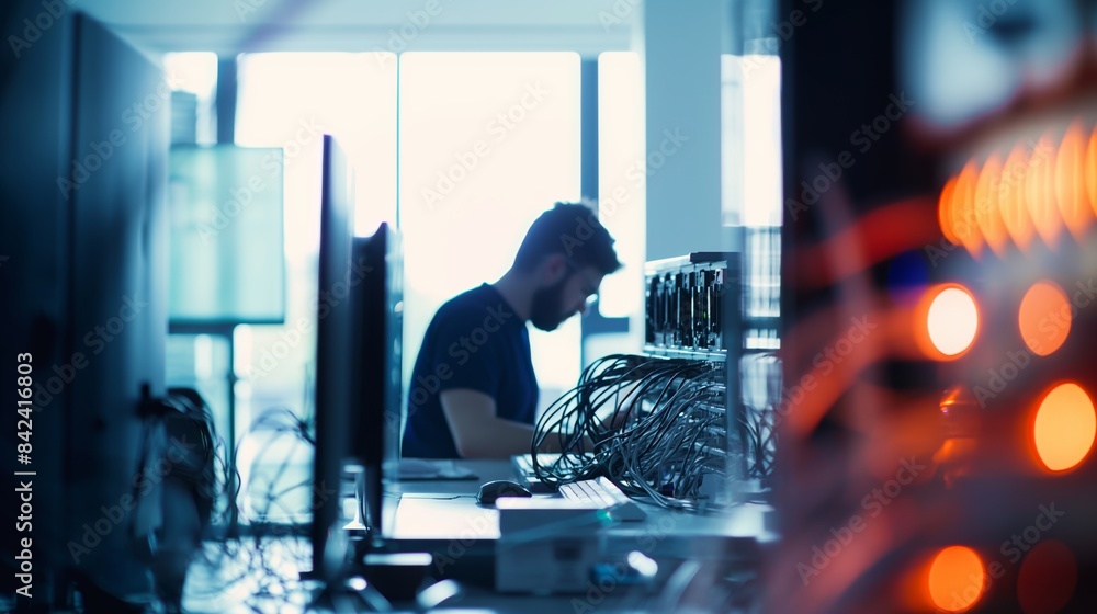 Aufkleber a professional technician is analyzing and configuring servers in a data center with blue ambient li