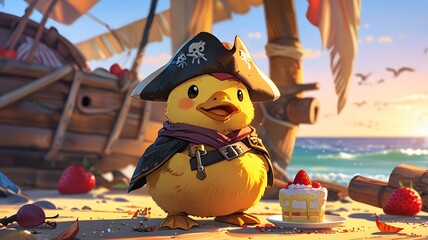 Fototapeta premium Animation of pirate duck eating strawberry cake near pirate ship.