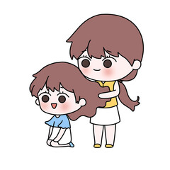 A cartoon drawing of a girl with long hair being brushed by another girl