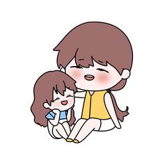 A woman is holding a child in her lap