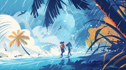 People struggle against storm and hurricane wind vector illustration. 
