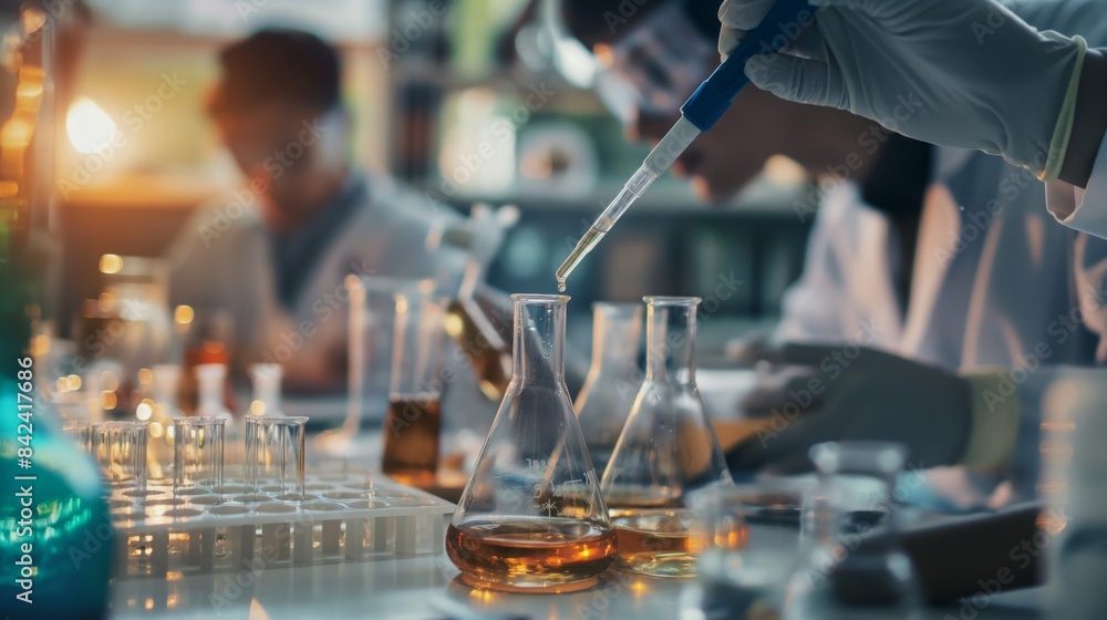 Poster a lab technician is meticulously adding a liquid to test flasks, with colleagues working in the back