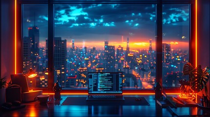 Futuristic Cityscape Under Red Sky at Dusk