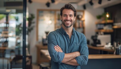 Happy businessman owner standing in a modern office restraunt or cafee with arms crossed and smiling at the camera while looking away, portrait of an attractive male entrepreneur working coffee shop