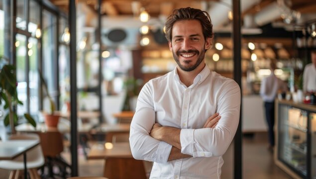 Happy businessman owner standing in a modern office restraunt or cafee with arms crossed and smiling at the camera while looking away, portrait of an attractive male entrepreneur working coffee shop