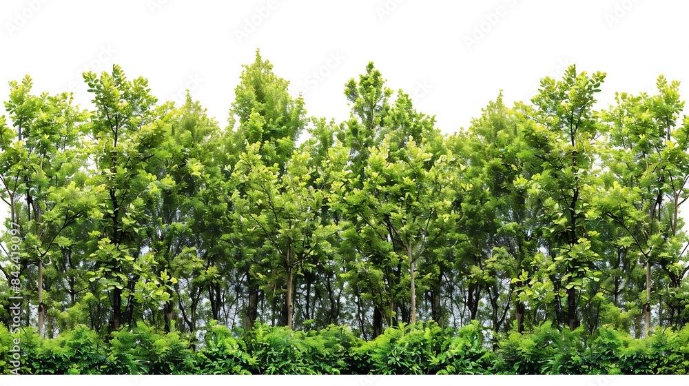 Poster green trees isolated on white background forest and leaves in summer rows of trees and bushes : gene