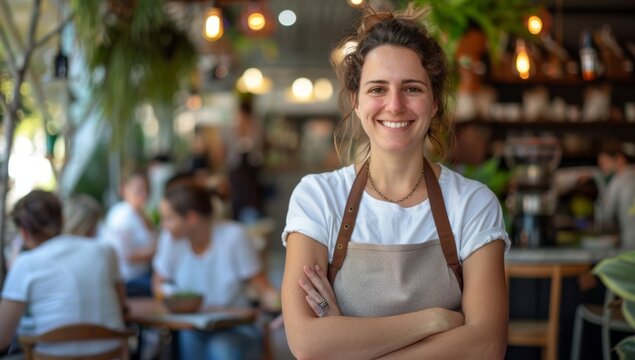 Happy woman restaurant owner standing in front of her cafe with arms crossed, smiling at the camera while customers sitting in the background, female business entrepreneur wearing an apron