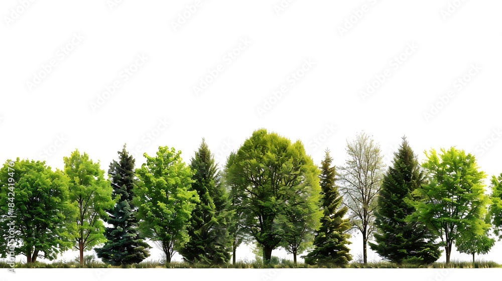 Poster cutout tree line row of green trees and shrubs in summer isolated on white background forestscape hi