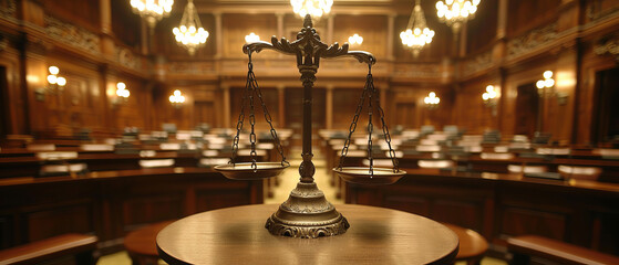 Scales of justice on a pedestal in a tribunal hall