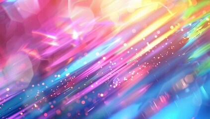 Holographic rainbow background with blurred light rays and bokeh, creating an ethereal and dreamy atmosphere. The vibrant colors of the hologram create intricate patterns that add depth to your design