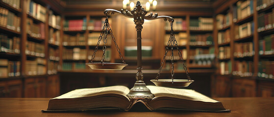 Scales of justice symbol in front of a law library