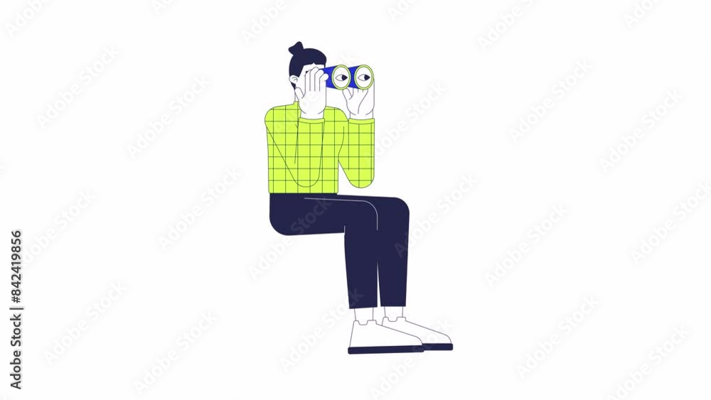 Aufkleber caucasian man spectator with binoculars line 2d character animation. enjoying distant views flat col