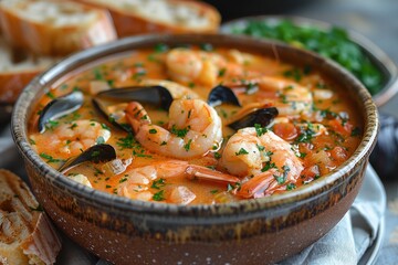 A hearty bowl of Bouillabaisse with a variety of seafood, including fish, mussels, and shrimp, in a saffron-infused broth. Served with crusty bread. 
