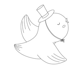 Cute baby flying bird with hat. Funny animal. Hand drawn isolated baby outline illustration for coloring book.