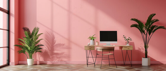 Simple office space with solid blush pink wall and minimalist desk, highdefinition
