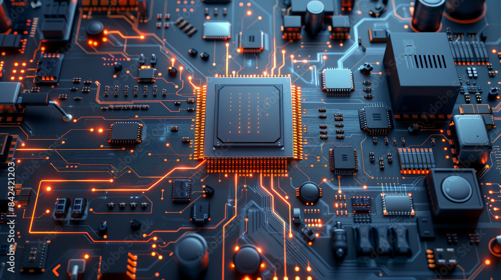 Poster top view of minimal circuit board, futuristic design, blue and black sparse components