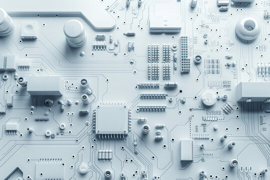 Top view of minimal circuit board, sleek design, few components, white background 