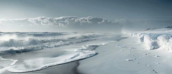 Snowcovered beach with icy waves and a wintery sky