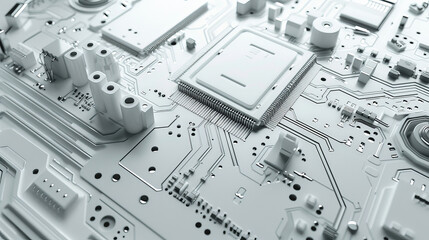 A close-up of a white computer motherboard circuit board, a complex web of electronic components essential for the computer's functionality