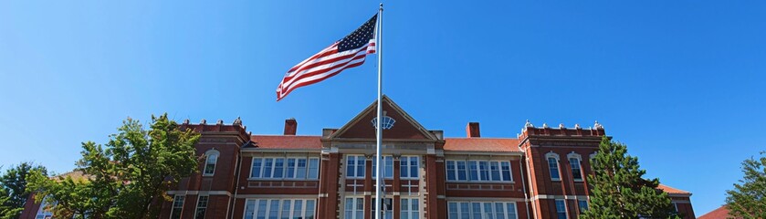 Fototapeta premium In front of a historic building, a large American flag is being raised during a celebration of freedom, with clear blue skies offering plenty of copy space for text.