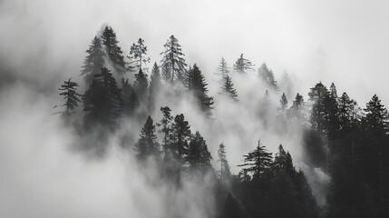 A serene black and white photo capturing the ethereal beauty of trees enveloped in a dense calming fog : Generative AI