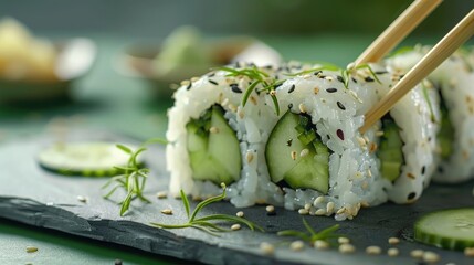 Close up of cucumber and avocado maki sushi with black sprinkled lima beans on rice, wrapped in white seacress leaf, and eating