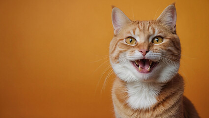 Obraz premium Happy smiling cat isolated on yellow orange background with copy space. a cat smiling portrait 