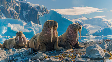 A group of walruses sunbathing on a rocky beach in Alaska, against a backdrop of blue ice and clear skies, showing the distinctive details of walrus teeth and skin. 