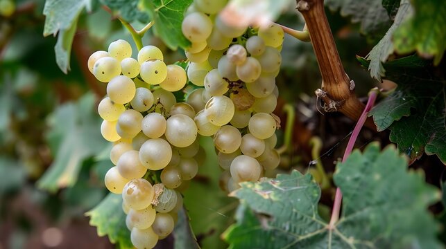 A bunch of white grapes between the grape leaves in a vineyard of Gmar Tenerife Canary Islands Spain Marmajuelo or Bermejuela grape variety : Generative AI