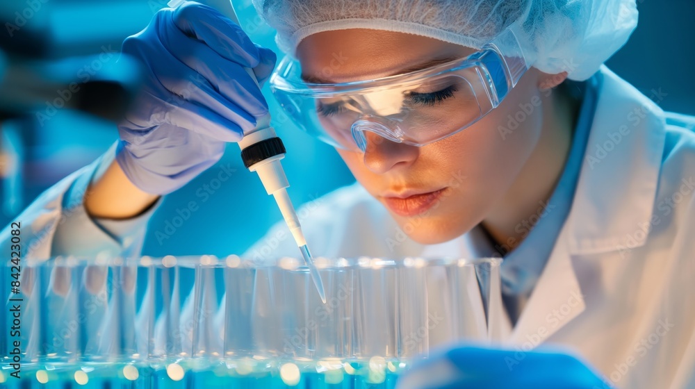 Poster a scientist in lab coat and gloves pipetting a blue liquid into a row of test tubes in a laboratory 