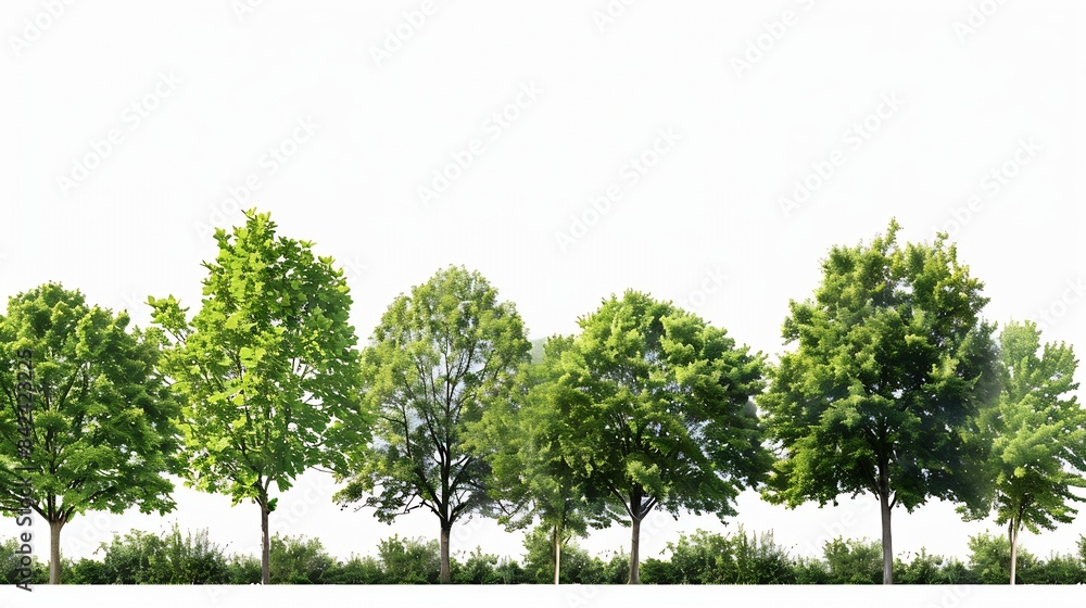 Poster cutout tree line row of green trees and shrubs in summer isolated on white background forestscape hi