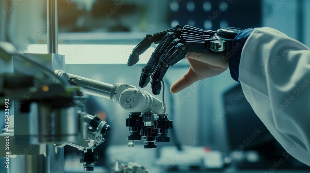 Aufkleber robotic arm interfacing with microscope optics in an advanced research laboratory