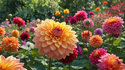 Summer Symphony: Harmonizing Nature's Palette with Dahlia Flowers in a Radiant Garden Setting, Generative AI