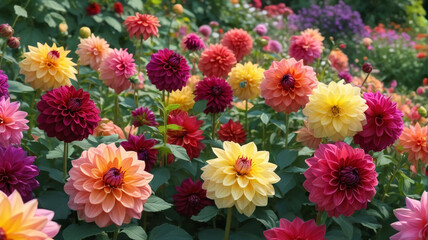 Garden Gala: A Celebration of Color and Beauty with Dahlias Blooming in a Summer Oasis, Generative AI