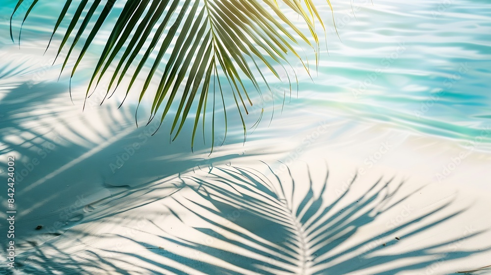 Poster palm leaf shadow on abstract white sand beach background sun lights on water surface beautiful abstr