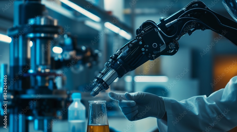 Poster scientist in lab coat pointing at a sophisticated robotic arm in a laboratory setting