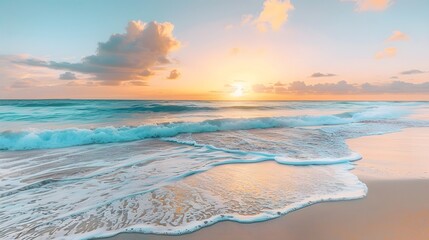 Peaceful beach scene at sunrise with gentle waves and a clear sky