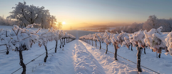 Snowcovered vineyard with frosty grapevines and a clear sky