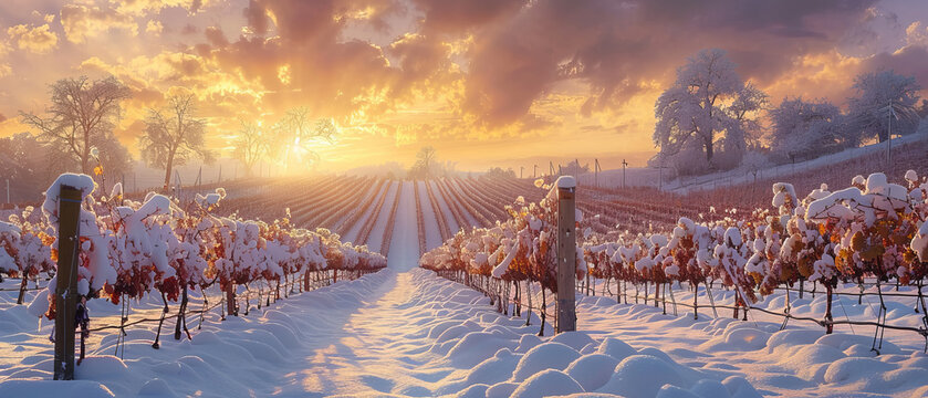 Snowcovered vineyard with rows of grapevines and a wintery sky